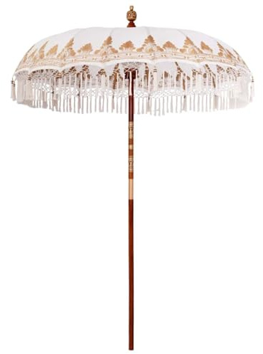 Qnhdfrt Sonnenschirm Bali Style 260 cm Creme Handgefertigt aus Baumwolle und Massivholz Robuster Terrassenschirm mit Harmonischem Design für Garten Strand und Camping