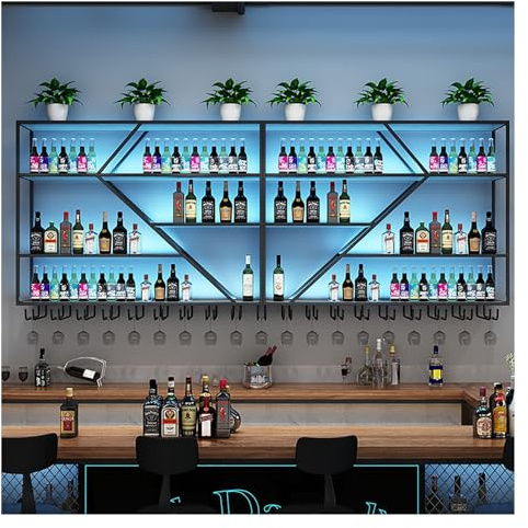 Grand Gril à vin monté avec lumière LED pour Bar, Porte-étagères à vin Mural avec Porte-Verre à vin, étagères flottantes en métal, étagère d'alcool Suspendu, Support de vin en Fer, pour Le vin C,