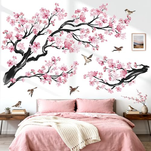 wondever Stickers Muraux Grand Branche Fleurs Autocollants Muraux Cerisier | Décoration Murale Peel & Stick, Décoration Chambre Salon Salle de Bains, Couleurs Vives et Nettes, Stickers Murals Amovible