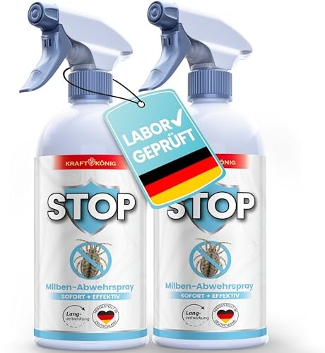 KRAFTKÖNIG Milbenspray 2x 500ml Geeignet für Kinder, Allergiker & Haustiere | Sehr effektiv; Milbenspray für Matratzen und Polster in Schlafbereichen; 6 Monate Langzeitschutz zur Abwehr; laborgeprüft