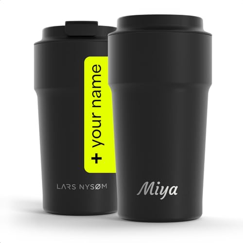 LARS NYSØM Personalisierter Thermo Kaffeebecher to go 500ml | Edelstahl Travel Mug 0,5 L mit Gravur | Auslaufsicherer Thermobecher als Geschenk mit Namen für Männer und Frauen (Carbon Black, 500ml)