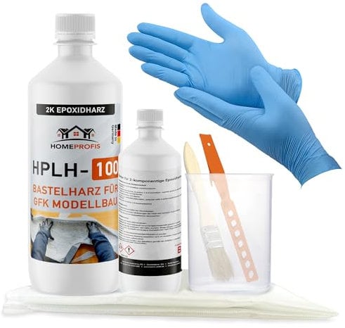 Home Profis® HPLH-100 glasklares 2K Epoxidharz (300g) inkl. 1m² GFK Glasfasermatte (110g/m²) & Werkzeug | Formbau, Reparatur und Ausbesserung, Bootsbau, Fahrzeugbau
