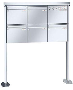 RENZ/Prisma / 5er Freistehende Briefkastenanlage Standbriefkasten mit Sprechfeld / V4A-Edelstahl/Volumen 12 L/mit Fußplatten/Dein-Briefkasten.de