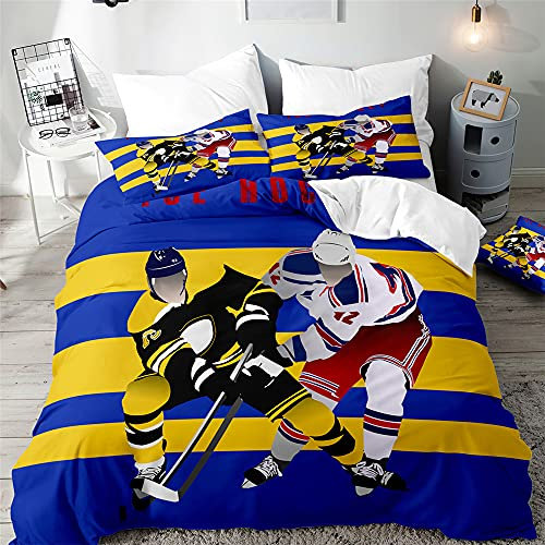 Surwin Bettwäsche-Sets Schlafzimmer 3 Teilig, Microfaser Bettwäsche Set Einzelbett Doppelbett 3D Eishockey Drucken Bettbezug mit Reißverschluss und 2 Kissenbezüge (Wettbewerb,135x200cm)