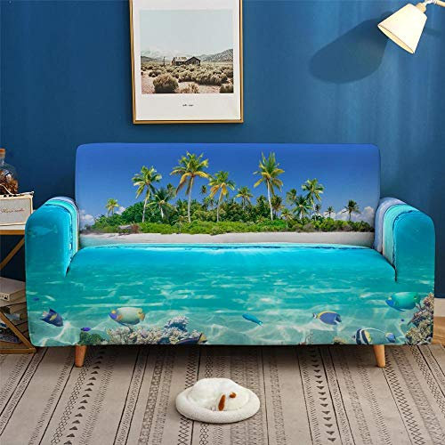 LNXSESN Sofabezug Petrol Coconut Ocean Sofaüberwurf Stretch Couch überwurf Elasthan Universal Sofahusse Moderne Anti-Haar Couch überzug Antirutsch Sofa überzug 4 Sitzer