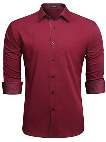 HISDERN Men's Red Classic Collar Dress Shirts Long Sleeve Button Down Formal Casual Business Shirts for Men Regular Fit Wedding Party Work with Pockets