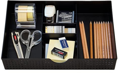 Amtido Desk Drawer Organiser Tray for Office Stationary Supplies & Accessories - Draw Tidy Storage Box – 3 Compartments with 2 Adjustable Dividers – Black - 2 Pack