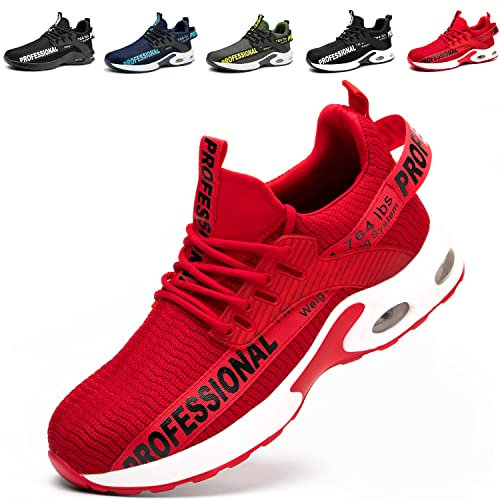 Zapatos de Seguridad para Hombre Mujer Ligero Comodo Zapatillas de Seguridad con Punta de Acero Transpirables Calzado de Trabajo Seguridad,Rojo41