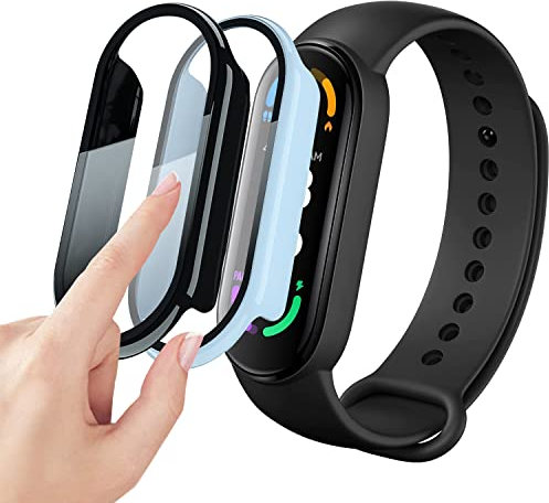 Msm-case [2 pezzi nero+blu con Pellicola Protezione Schermo Vetro Temperato per Xiaomi Mi band 6/5/4/3, 9H Durezza PC Case,Bumper,Sottile Case Protettiva Completa per Smart Mi band 6/5/4/3
