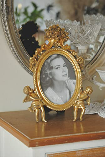 Deko Shop Cologne Bilderrahmen Fotorahmen Oval H 32 cm Rahmen Engel Antik Barock Shabby Gold N92