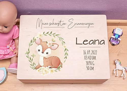 Hochzeitideal - Personalisierte Erinnerungskiste | Holzkiste New Born Reh | Aufbewahrungskiste | Geschenk Geburt | Erinnerungsbox Baby Taufe | Holzkiste für Kinder (M (30x20x14), Mädchen)
