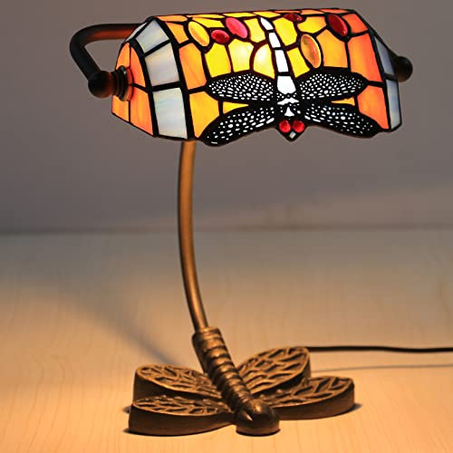 AIBOTY Banker Lampe Tiffany Schreibtischlampe grün orange lila blau Libelle Stil Glasmalerei Tischlampe, verstellbare Luxus Speicher Klavierlampe 10 hoch für Bibliothek Wohnzimmer,Orange