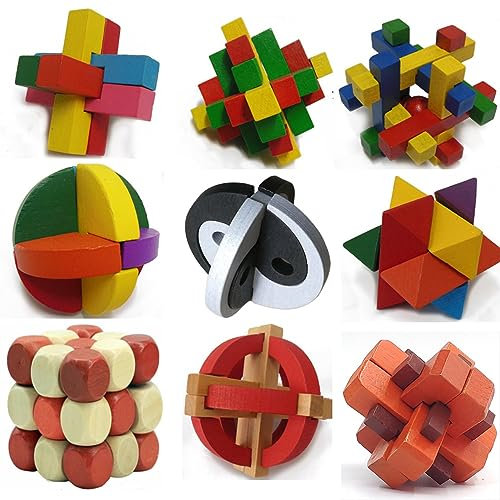 MINGZE 3D Wooden Brain, 9 pcs, Teaser Puzzle Key Lock, Intelligence Toy Chinese Game 3D IQ Puzzle for Kids Teens Adults Challenge Your Logical Thinking, and Decoration Idea