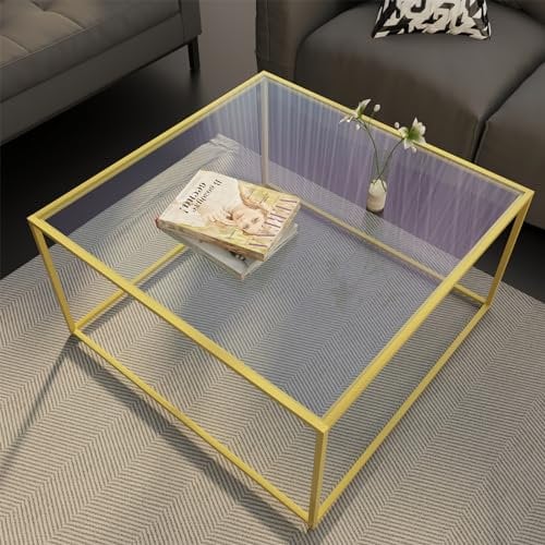 Mesa de centro de cristal pequeña y moderna, mesa central cuadrada moderna para espacio pequeño, parte superior de vidrio templado con marco de metal resistente, 26.7 x 26.7 x 15.7 pulgadas, fácil de