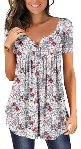 CHICZONE Womens Tunic Tops Plain Pleated V Neck Buttons Up Blouse Floral Printed Ladies Henley T-Shirt