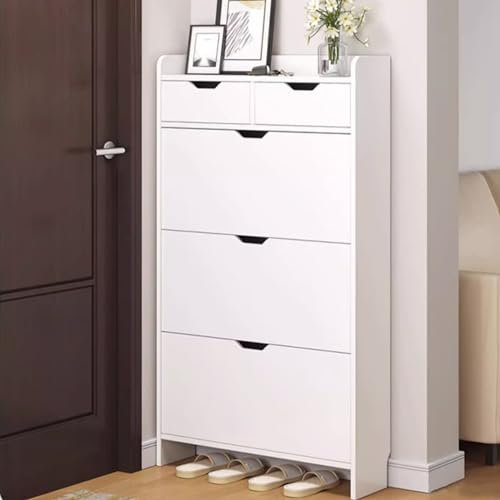 Schuhschrank Schuhablage Schuhschrank schmal Schuhregal Holz Schuhkipper mit 3 Klappen Geschlossen Kippsicherung Flur Diele Schuhkipper Schuhkommode für 9/13/16 Paar Weiß