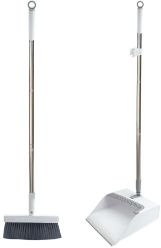 QISUTTK Long Handle Dustpan and Brush Set, Vertical Dustpan and Brush, Household Dustpan with Comb Teeth for Indoor Outdoor Garden Living Room Kitchen Office Lobby (White)