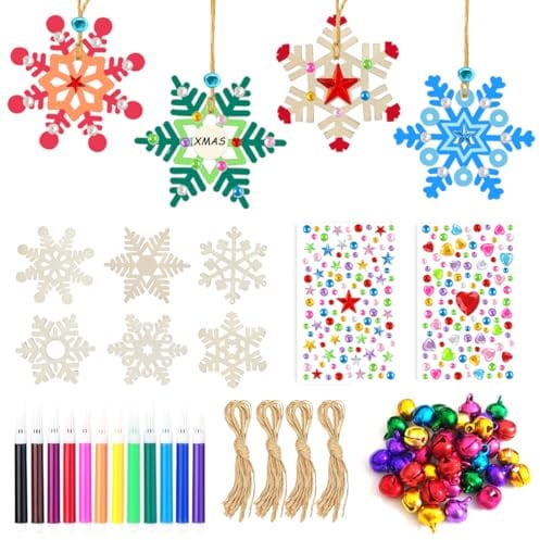 36 Anhänger Weihnachten Schneeflocken, Holzanhänger Weihnachten, Bastelset Weihnachten Kinder mit Kordel Bunte Pinsel Glocken Aufkleber, für Schneeflocken zum Basteln, Adventskranz Deko,Wooden Plaque