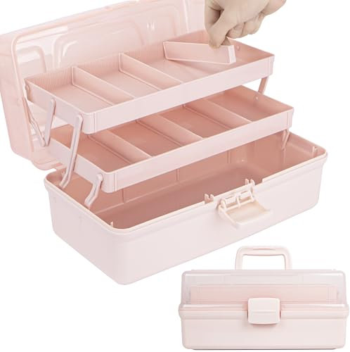 Creahaus 14in 3 Layer Multipurpose Storage Box/Craft Storage Boxes With Compartments/Plastic Tool Box/Medicine Storage Box/Hair Accessories Organiser/Sewing Box with 2 Trays(Pink)