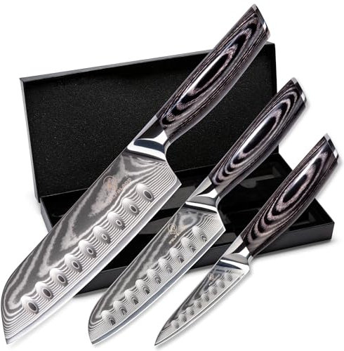 Wolfblood PRO 3er Damastmesser Set XL (31cm 23cm & 19cm) Profi Damast Küchenmesser Set aus echtem 67 Lagen Damaststahl I Santokumesser & Kochmesser mit Holzgriff Geschenkbox & Klingenschutz