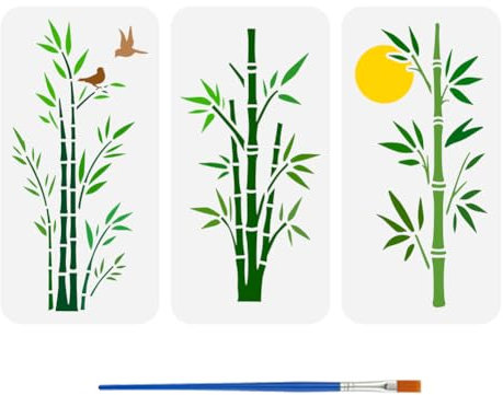 FINGERINSPIRE 3Pcs Pochoir de Dessin en Bambou Avec Un Pinceau 30X15cm Modèle de Peinture D'Oiseaux de Lune Pochoir de Décoration DIY en Bambou de Style Chinois pour Peinture sur Bois Mur Tissu Meuble