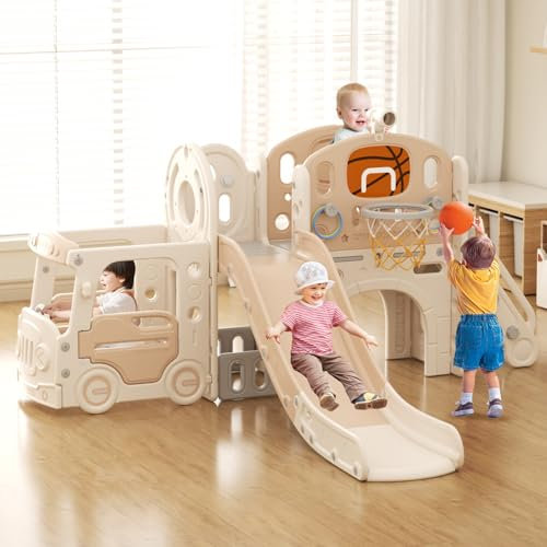 Lnhcrbs Toboggan,Toboggan Exterieur Enfant avec Échelle d'escalade, Panier de Basket, Locomotive, Jumelles, Trompette, Le Toboggan Convient Aussi Bien à l'Extérieur Qu'à l'Intérieur,à Partir de 1 an