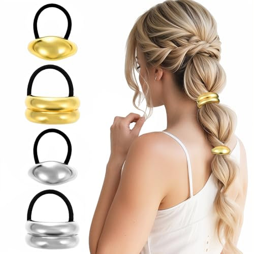 Ymapinc 4 Pcs Hair Cuffs for Ponytails Women, Gold and Silver Metal Geometric Ponytail Cuff Stylish Hair Holder for Women Fashion Hairs Accessories