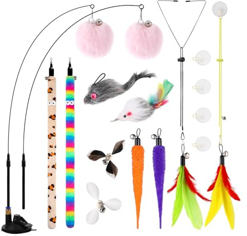 Tharvolex 4-in-1 Interactive Cat Feather Toys Set,12Pcs Durable Cat Fishing Pole & Suction Cup Toys, 2 Door Hanging String Toys for Indoor Kittens