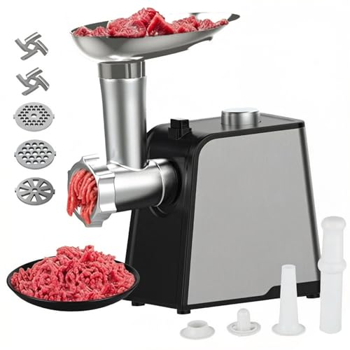 Edelstahl Elektrischer Fleischwolf, 3 in 1 Multi Fleischwolf mit 3 Schleifplatten, 2 Schneidemesser, Fleischbällchen-Aufsätze, Wurstmundstück, Perfekt für Fleischbällchen, Wurst, Burger