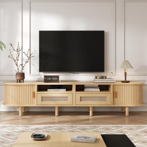 Merax TV Schrank 170x40x40cm – Ovales Lowboard mit Rattan-Schiebetüren, 2 Schubladen, Wohnzimmer Fernsehschrank, TV Board & Wohnwand Möbel in Holzfarbe