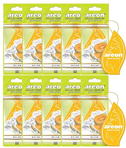 AREON Mon Auto Lufterfrischer Melone Duft Anhänger Hängend Aufhängen Spiegel Gelb Autoduft Pappe 2D Wohnung (Melon Set Pack x 10)