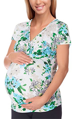 Bellivalini Damen Umstands Shirt mit Stillfunktion BLV50-123 (Weiß/Blaue Blumen, XS)