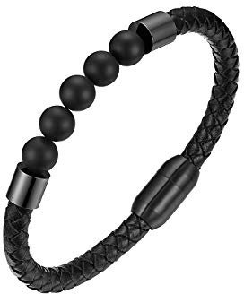 Flongo Lederarmband Energiearmband Lava Herren Echtleder Leder-Armband Damen Armreif Achat Tigerauge-Stein Kugel Perlen Armkette mit Magnetverschluss Schwarz für Männer Frauen
