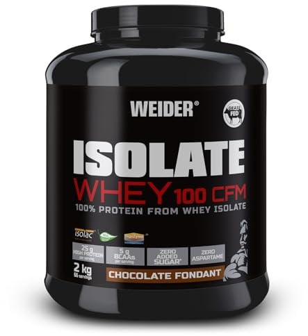 Weider Isolate Whey 100 CFM. Schokolade-Geschmack. Proteinpulver mit hochwertiges Molkenproteinisolat. Gut löslich. Bis zu 33g Eiweiß in 1 Portion. Ohne Aspartam. Zuckerarm. 2kg