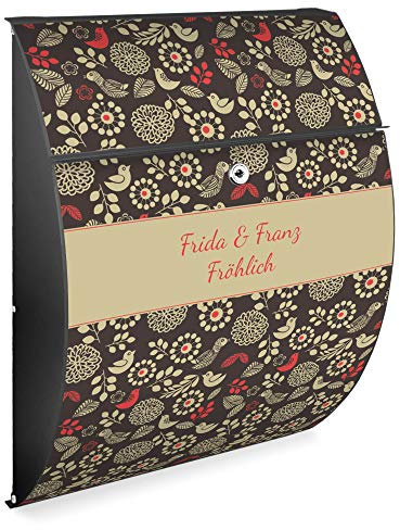 Burg Wächter Design Briefkasten | Modell Riviera 46x33,5x13cm groß | verzinkter Stahl Anthrazit | Postkasten Öffnungsstopp, großer A4 Einwurf, Zylinderschloss, 2 Schlüssel | Motiv WT Blumen Und Vögel