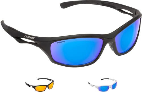 Cressi Unisex – Erwachsene Sniper Sunglasses Sport Sonnenbrillen, Schwarz/Linsen Verspiegelte Blau, One Size
