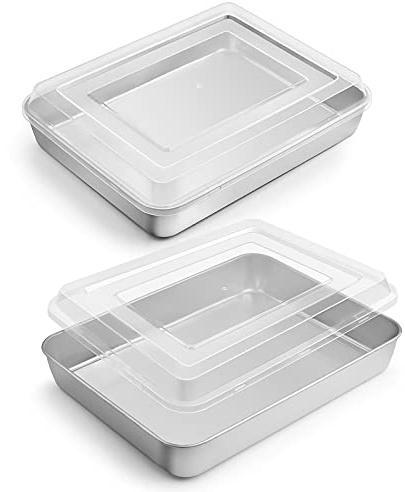 Toaster Oven Baking Pan with Lid, E-far 10.4”x 8”x 2” Stainless Steel Rectangle Sheet Cake Pans with Covers, Small Bakeware for Cakes Brownies Casseroles, Non-Toxic & Dishwasher Safe -Set of 2
