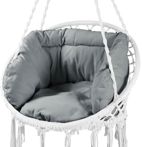SVITA Hängesessel Carrie XXL Hängekorb Schaukel Indoor Outdoor Bambus Garten Beige Rosa Kissen-Set (Kissen Grau)
