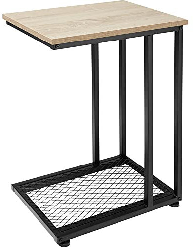 tectake® Beistelltisch Holz Metall, Wohnzimmertisch, Couchtisch C-Form + Gitterablage, 48 x 35 x 66 cm, Laptoptisch für Couch, Betttisch, Sofatablett, Betttablett - Industrial Holz hell, Eiche Sonoma
