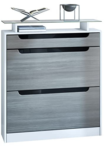 Vladon Schuhschrank Fiesta, Weiß matt/Avola-Anthrazit/Schwarz Hochglanz Schuhkipper für 16 Paar Schuhe mit 2 Klappen (89 x 104 x 23 cm)