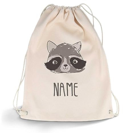 GRAVURZEILE Bedruckter Turnbeutel - Tier mit Wunschnamen - personalisiert mit Namen - Sportbeutel Rucksack Daypack Gymbag mit Kordelzug - für Sport & Freizeit - 12l 33x45 cm - Farbe: Waschbär