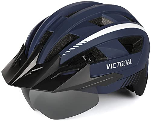 VICTGOAL Fahrradhelm MTB Mountainbike Helm mit magnetischem Visier Abnehmbarer Sonnenschutzkappe und LED Rücklicht Radhelm Rennradhelm für Erwachsenen Herren Damen (M: 54-58cm, Navy)