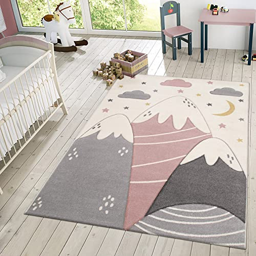 TT Home Kinderzimmerteppich Junge Mädchen Kinderteppich Wolken 3D Optik Sterne Berge, Farbe: Grau Pink Creme, Größe:120x170 cm