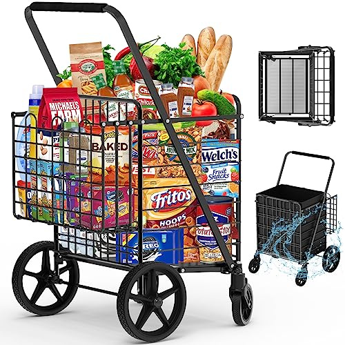 450lbs Capacity Shopping Cart, Upgrade Huge Grocery Cart on Wheels, Heavy Duty Foldable Utility With Double Basket and 360° Rolling Swivel Wheels for Groceries Laundry Transport
