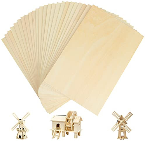 LOLYSIC 24Pcs 300 x 200 x 1.5mm Basswood Sheets, A4 Unfinished Plywood Sheets for Craft, Natural Rectangle Blank Wood Boards Thin Wood Sheets for Laser Engraving Craft DIY Mini House Building Modeling