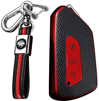 KUNIO Autoschlüssel Hülle Schlüsselcover Passt für VW Golf 8 R GTI GTE Atlas ID.3 ID.4 Crozz GTX ID.6X MK4 Passt für Skoda Octavia TPU Leder-Textur Schlüsselanhänger Schlüsseletui Rot