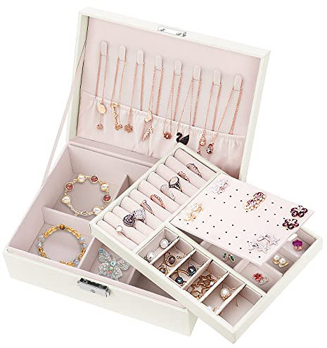 Januts Jewellery Box Organiser for Girls Women PU Leather Travel Jewelry Storage Case 2 Layers Large Portable Lockable Jewellery Case with Removable Tray for Rings Earrings Necklace Bracelets, White