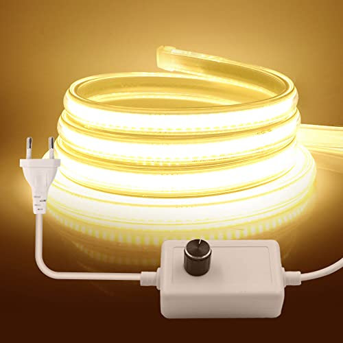 Wisada Dimmbar COB LED Streifen 20m, AC220-240V 360LEDs/m FCOB LED Band CRI≥90, Wasserdichte Hohe Dichte Flexibler Superhell Warmweiß COB LED Lichtband für Schlafzimmer, Schrankbeleuchtung