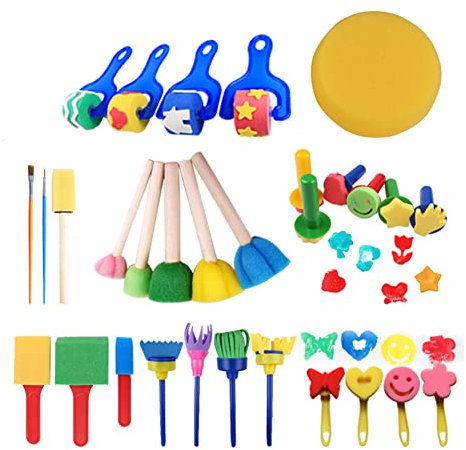 Schwamm Malpinsel Kit,30 Stück Malerei Schwamm Pinsel Set Kinder, Schwamm Malerei Pinsel, Malschwämmchen für Kinder, Stempel Pinsel, Waschbar Früh Lernen Kinder Pinsel SetZeichnung Werkzeuge