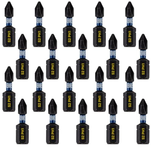 20 x Rennie Tools 25mm PH1 Impact Screwdriver Driver Bits Set. Phillips No.1 Heavy Duty Impact Driver Bit Set. PH1 Bits. Hex Shank, Cross Head. Black Oxide Coated
